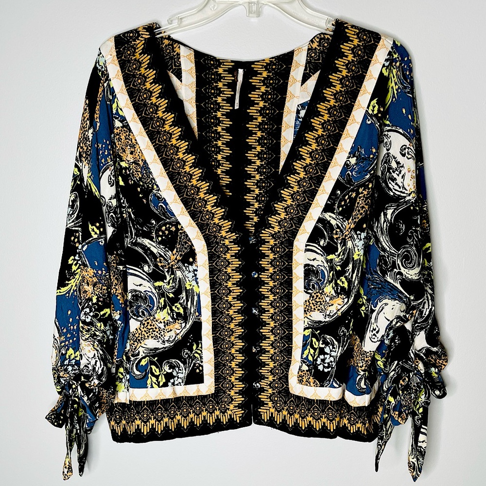 FREE PEOPLE V NECK BUTTON BLOUSE JACKET CARDIGAN PAISLEY ART DECO M